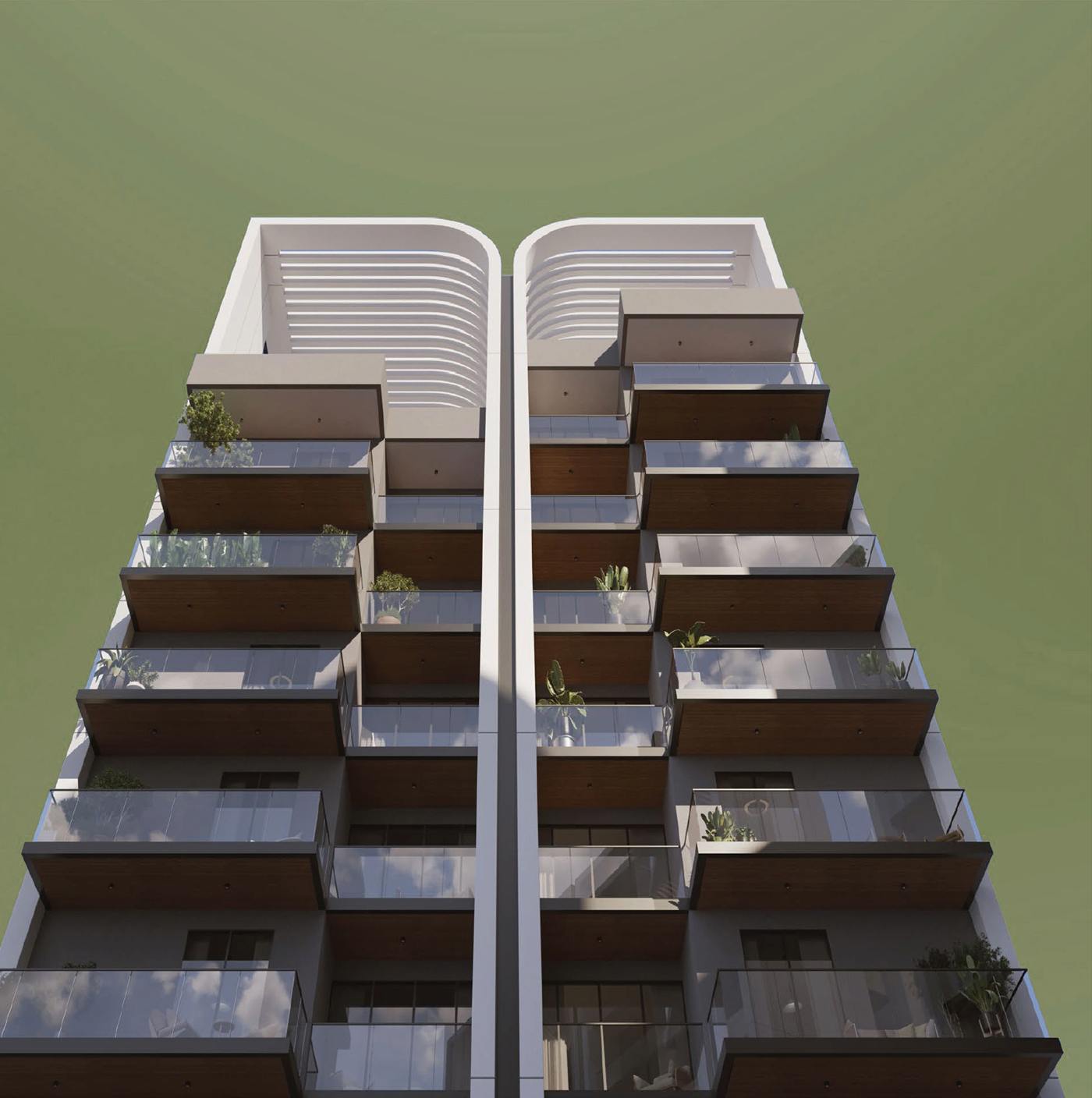 Timber-lined balconies and planting