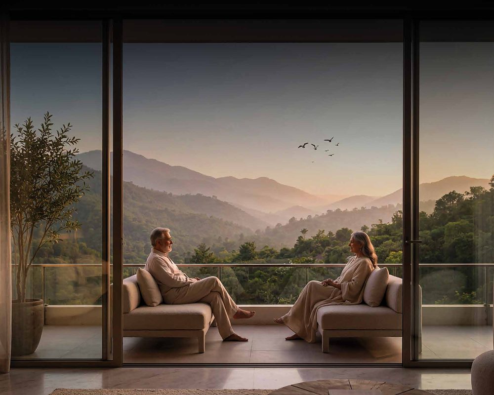 Residents on a balcony facing the Aravalli hills (artistic impression)