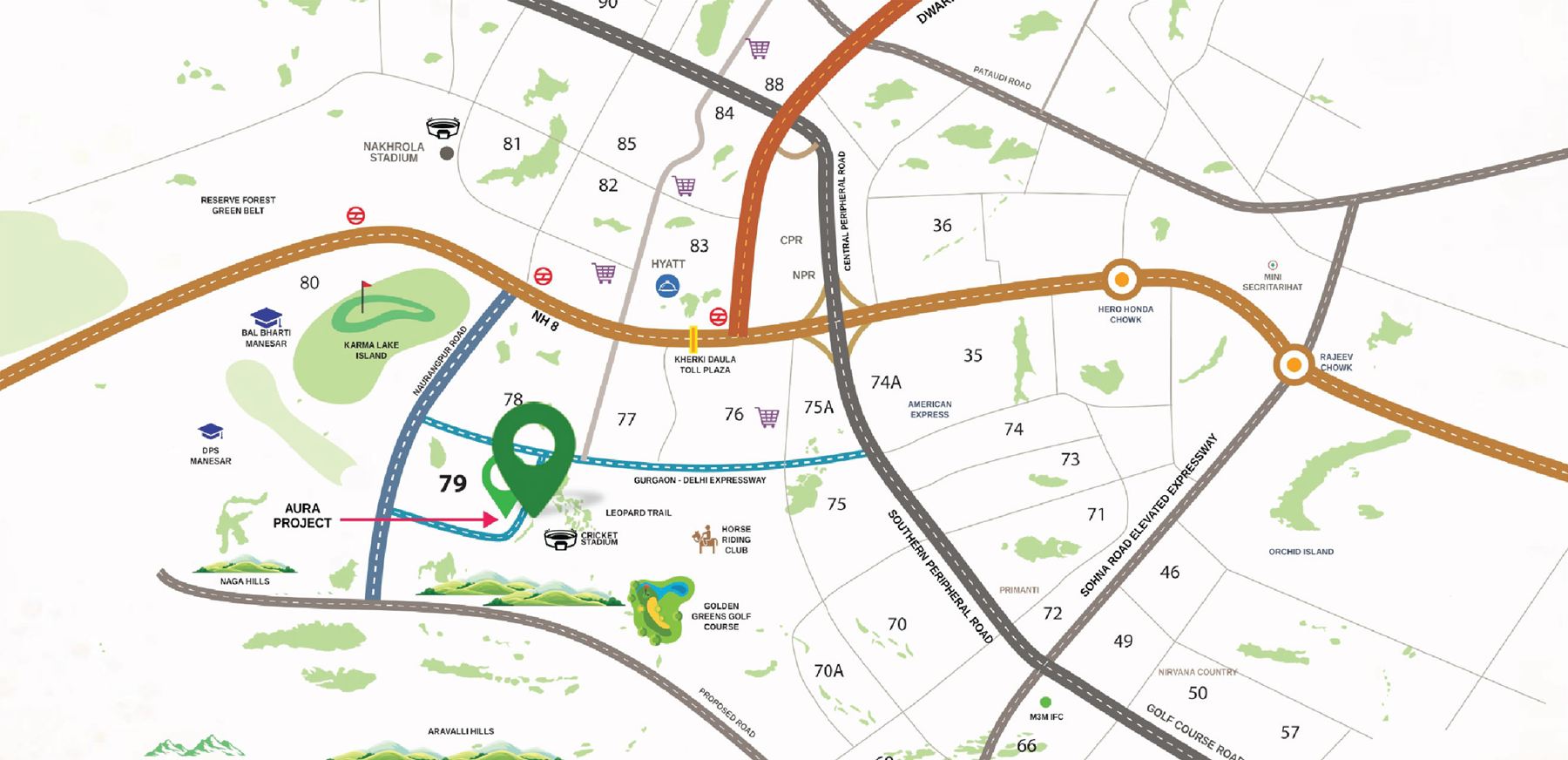 Location map of Sector 79 Gurugram showing The Aerth beside the Aravalli hills, Golden Greens Golf Course, NH-48 and the Southern Peripheral Road